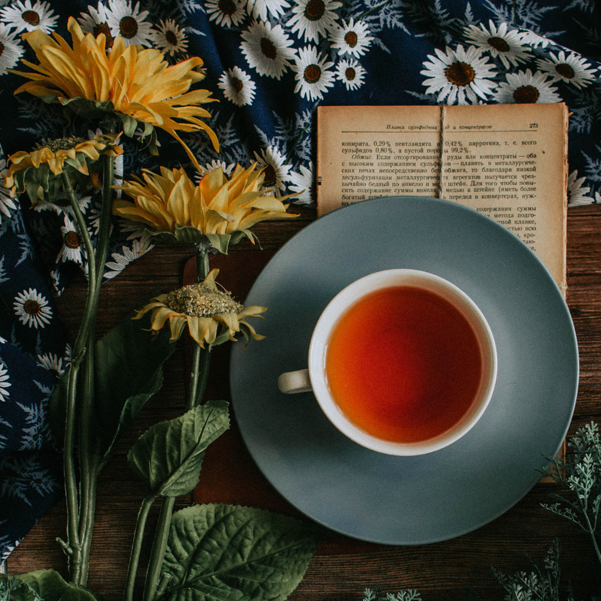 rooibos tea cup with sunflower and book